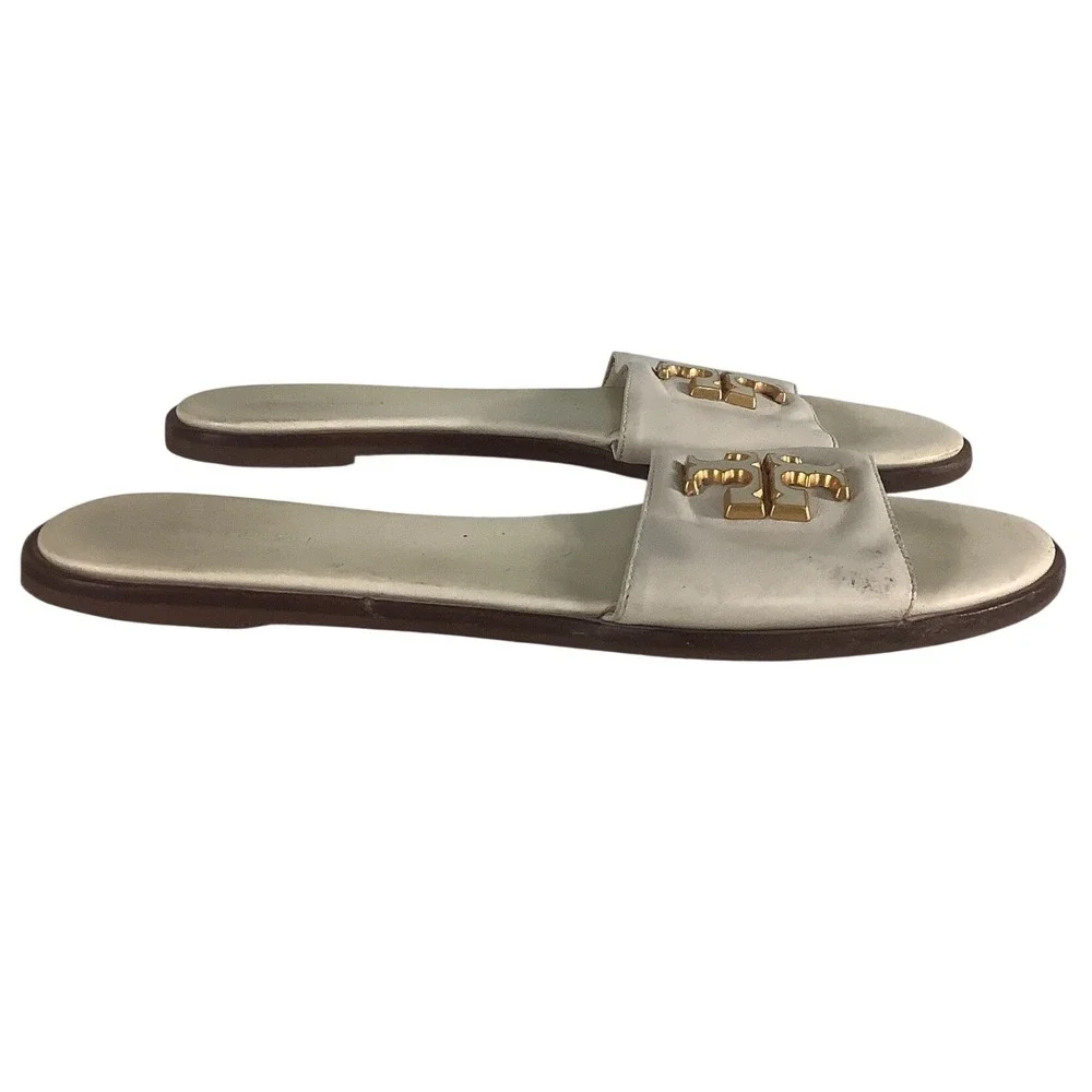 Tory Burch Ines Slide Sandals Cream White Leather Gold Logo Flat Slides Size 10